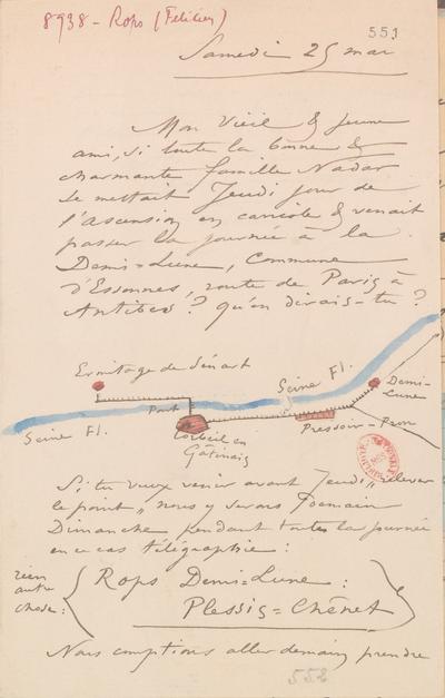 Lettre de Félicien Rops à [Félix] [Nadar] [Tournachon]. s.l., 0000/05/25. Paris, Bibliothèque nationale de France, NAF/24284/551 et NAF/24284/552