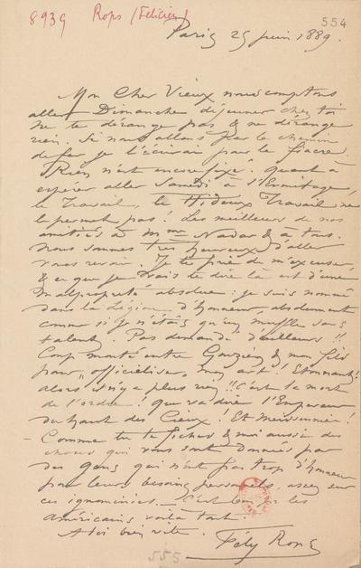 Lettre de Félicien Rops à Félix Nadar [Tournachon]. Paris, 1889/06/25. Paris, Bibliothèque nationale de France, NAF/24284/554