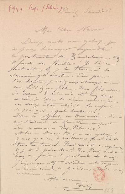 lettre de Félicien Rops à Félix Nadar [Tournachon]. Paris, 0000/00/00. Paris, Bibliothèque nationale de France, NAF/24284/557