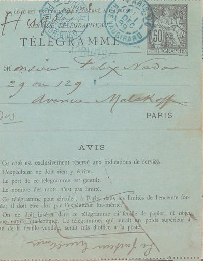 Télégramme de Félicien Rops à Félix Nadar [Tournachon]. Paris, 1889/12/01. Paris, Bibliothèque nationale de France, NAF/24284/560