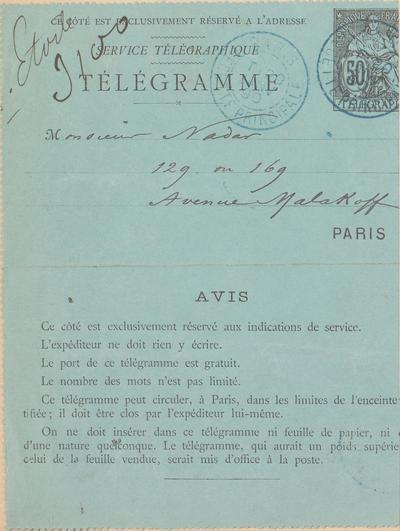 Télégramme de Félicien Rops à Félix Nadar [Tournachon]. [Paris], 1890/11/20. Paris, Bibliothèque nationale de France, NAF/24284/561