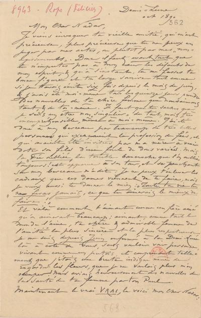 Lettre de Félicien Rops à [Félix] Nadar [Tournachon]. Corbeil-Essonnes, 1890/10/00. Paris, Bibliothèque nationale de France, NAF/24284/562 et NAF/24284/563