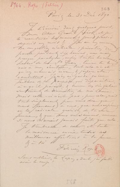 Lettre de Félicien Rops à [Félix] Nadar [Tournachon]. Paris, 1890/12/31. Paris, Bibliothèque nationale de France, NAF/24284/565