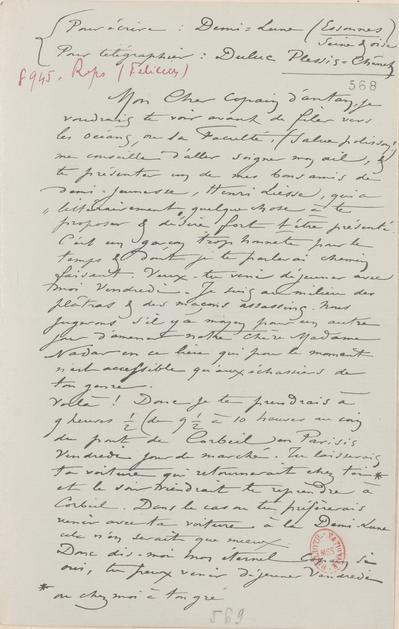 Lettre de Félicien Rops à Félix Nadar [Tournachon]. Corbeil-Essonnes, 0000/00/00. Paris, Bibliothèque nationale de France, NAF/24284/568