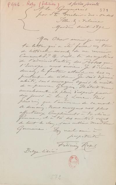 Lettre de Félicien Rops à Félix Nadar [Tournachon]. Saint-Méloir-des-Ondes, 1892/08/00. Paris, Bibliothèque nationale de France, NAF/24284/571