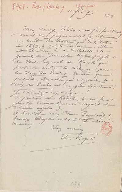 Lettre de Félicien Rops à Félix Nadar [Tournachon]. s.l., 1893/02/11. Paris, Bibliothèque nationale de France, NAF/24284/578