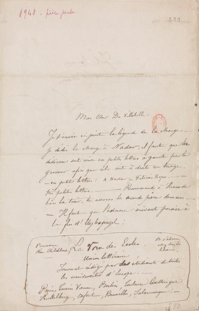 Lettre de Félicien Rops à [Ernest] De Villebelle [Scaron]. s.l., 1856/00/00. Paris, Bibliothèque nationale de France, NAF/24284/580 et NAF/24284/581