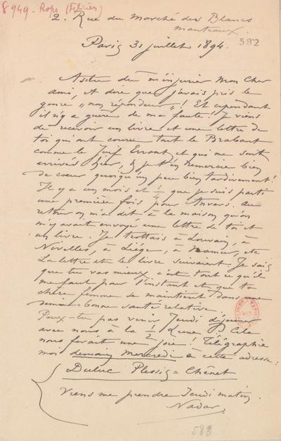 Lettre de Félicien Rops à Félix Nadar [Tournachon]. Paris, 1894/07/31. Paris, Bibliothèque nationale de France, NAF/24284/582, NAF/24284/583 et NAF/24284/584