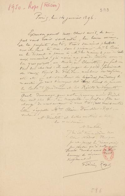 Lettre de Félicien Rops à [Félix] Nadar [Tournachon]. Paris, 1896/01/14. Paris, Bibliothèque nationale de France, NAF/24284/585 et NAF/24284/587