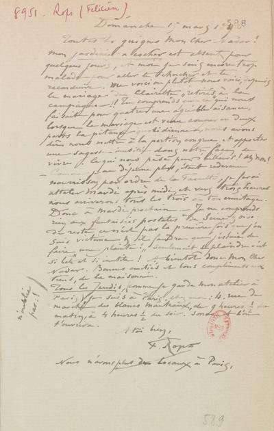 Lettre de Félicien Rops à Félix Nadar [Tournachon]. s.l., 1896/03/15. Paris, Bibliothèque nationale de France, NAF/24284/588 et NAF/24284/590