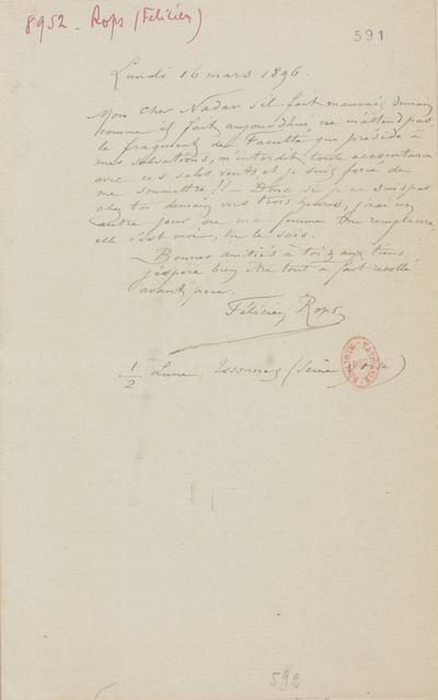 Lettre de Félicien Rops à Félix Nadar [Tournachon]. Corbeil-Essonnes, 1896/03/16. Paris, Bibliothèque nationale de France, NAF/24284/591 et NAF/24284/593