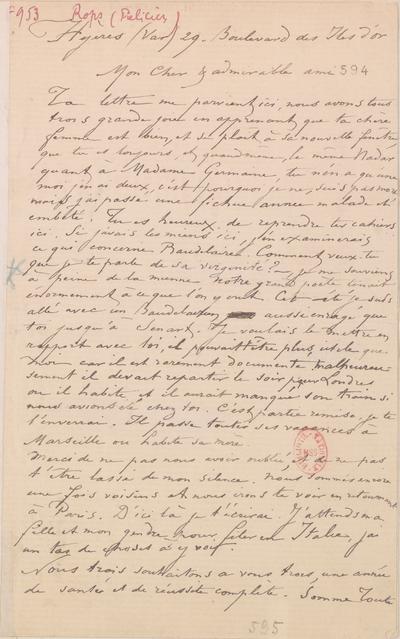 Lettre de Félicien Rops à Félix Nadar [Tournachon]. Hyères, 0000/00/00. Paris, Bibliothèque nationale de France, NAF/24284/594