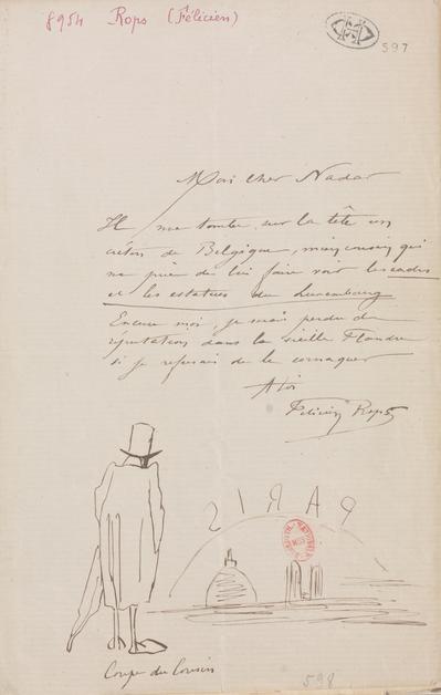 Lettre de Félicien Rops à [Félix] Nadar [Tournachon]. s.l., 0000/00/00. Paris, Bibliothèque nationale de France, NAF/24284/597