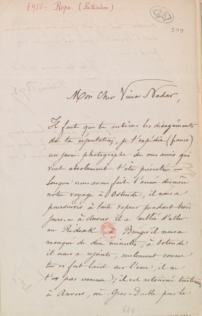 Lettre de Félicien Rops à Félix Nadar [Tournachon]. Namur, 0000/00/00. Paris, Bibliothèque nationale de France, NAF/24284/599