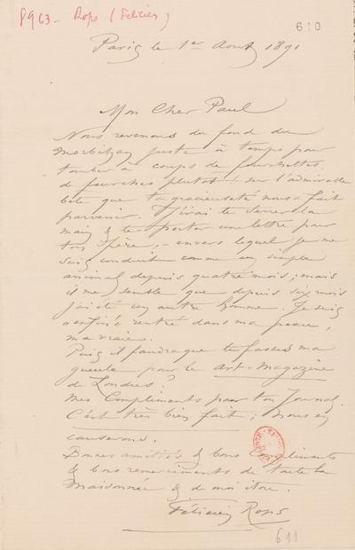 Lettre de Félicien Rops à Paul Nadar [Tournachon]. Paris, 1891/08/01. Paris, Bibliothèque nationale de France, NAF/24284/610