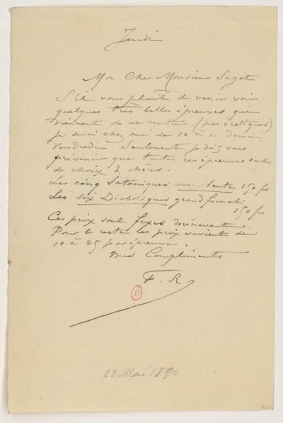 Lettre de Félicien Rops à [Edmond] Sagot. [Paris], 1890/05/22. Paris, Bibliothèque de l'Institut national d'histoire de l'art, ROPS/1