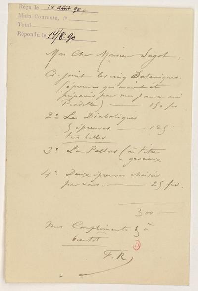 Lettre de Félicien Rops à [Edmond] Sagot. s.l., 1890/08/14. Paris, Bibliothèque de l'Institut national d'histoire de l'art, ROPS/10
