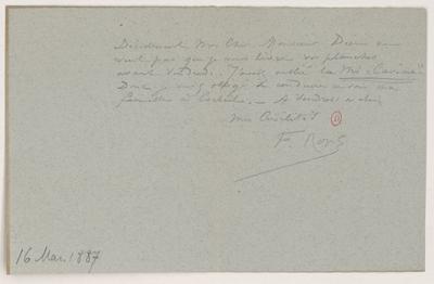 Lettre de Félicien Rops à [Edmond] [Sagot]. s.l., 1887/03/16. Paris, Bibliothèque de l'Institut national d'histoire de l'art, ROPS/12