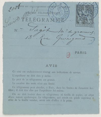 Télégramme de Félicien Rops à [Edmond] Sagot. [Paris], 1890/08/26. Paris, Bibliothèque de l'Institut national d'histoire de l'art, ROPS/2