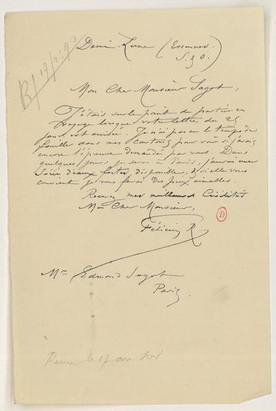 Lettre de Félicien Rops à [Edmond] Sagot. Corbeil-Essonnes, 1890/02/17. Paris, Bibliothèque de l'Institut national d'histoire de l'art, ROPS/3