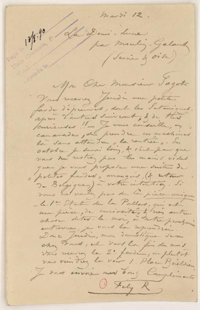 Lettre de Félicien Rops à [Edmond] Sagot. Corbeil-Essonnes, 1890/08/12. Paris, Bibliothèque de l'Institut national d'histoire de l'art, ROPS/5