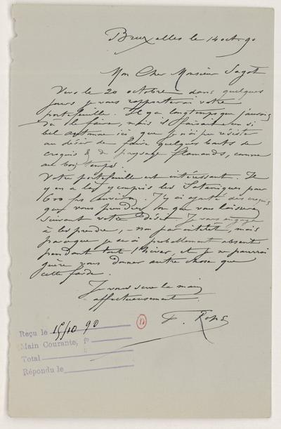 Lettre de Félicien Rops à [Edmond] Sagot. Bruxelles, 1890/10/14. Paris, Bibliothèque de l'Institut national d'histoire de l'art, ROPS/6