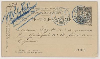 Carte-Télégramme de Félicien Rops à [Edmond] Sagot. [Paris], 1890/06/05. Paris, Bibliothèque de l'Institut national d'histoire de l'art, ROPS/7